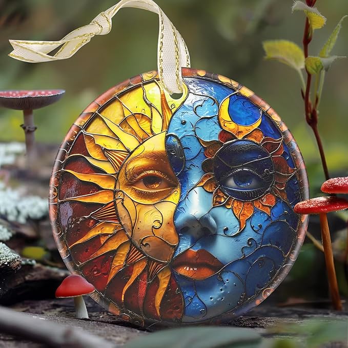 Sun and Moon Ceramic Christmas Ornament, 3.5 Inch Hanging Decor for Christmas Tree, Gift for Holiday Present Exchange