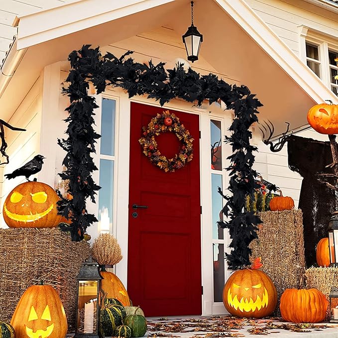 2 Pack Halloween Garlands Fall-Decor Maple Leaf, 6ft Foliage Mantle Vine Artificial Fall-Decorations for Home Fireplace Mantle Front Door Decor(Black)