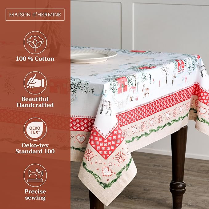 Maison d' Hermine Table Cloth Rectangle Table 100% Cotton 60 x 108 Inches Fall Tablecloth Reusable Everyday Use for Thanksgiving Christmas Decorations Dining Farmhouse Party (Rural Christmas)