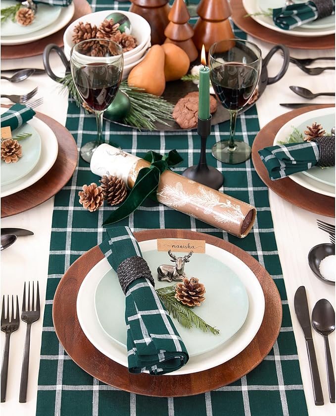 Solino Home Linen Plaid Table Runner 36 Inches - 100% Pure Linen Windowpane Dark Green Short Table Runner 14 x 36 Inch Ideal for Dresser and Coffee Tables - Christmas, Holiday, Xmas, Winter