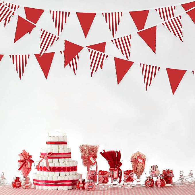 32Ft Red and White Striped Pennant Banner Fabric Triangle Flag Bunting Garland Streamer for Carnival Circus Kids Birthday Wedding Christmas New Years Party Outdoor Garden Hanging Festivals Decoration
