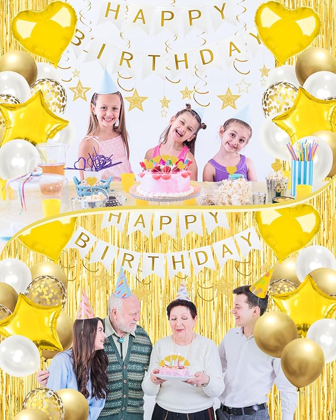 Golden Happy Birthday Party Decorations, Happy Birthday Banner, Gold Foil Heart Star Confetti Balloons Curtain Backdrop Hanging Swirls Party Decor for Boys Men