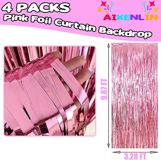 4 Pack Pink Foil Fringe Curtain Backdrop, 3.2Ft x 9.8Ft Metallic Tinsel Foil Fringe Streamers Curtains for Party, Photo Booth Props, Birthday, Wedding, Christmas Party Decoration Supplies