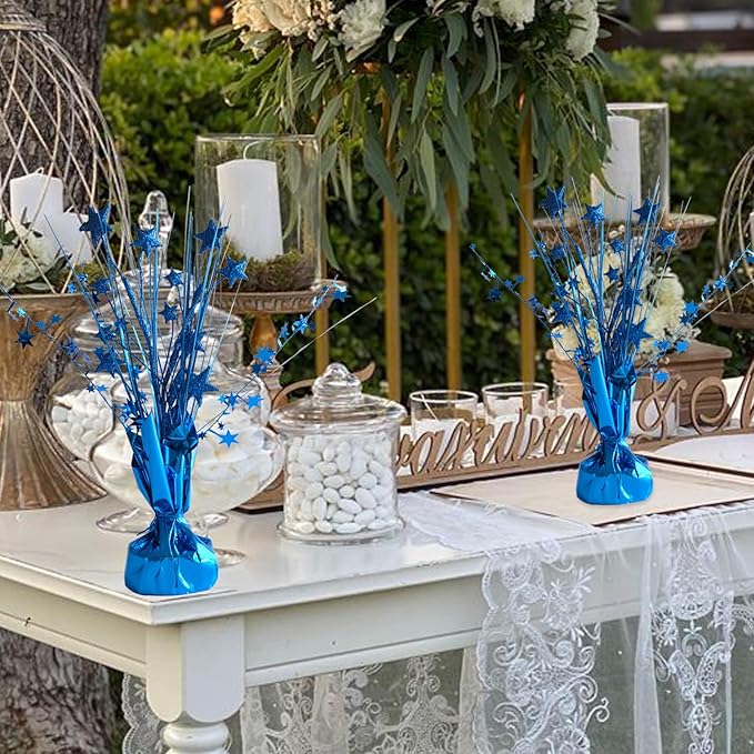 12 Pack Metallic Blue Foil Spray Centerpieces Stars Brust Table Centerpieces for Wedding Birthday Anniversary Holiday Party Decor, Metallic Star Balloon Wights for Party, Table Decor for Party