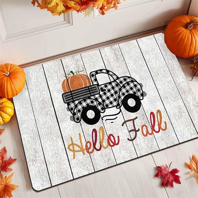 Fall Door Mat Fall Welcome Mat for Front Door, Autumn Pumpkins with Truck Black and White Buffalo Plaid Seasonal Non Slip Doormat for Entrance Entryway Outside