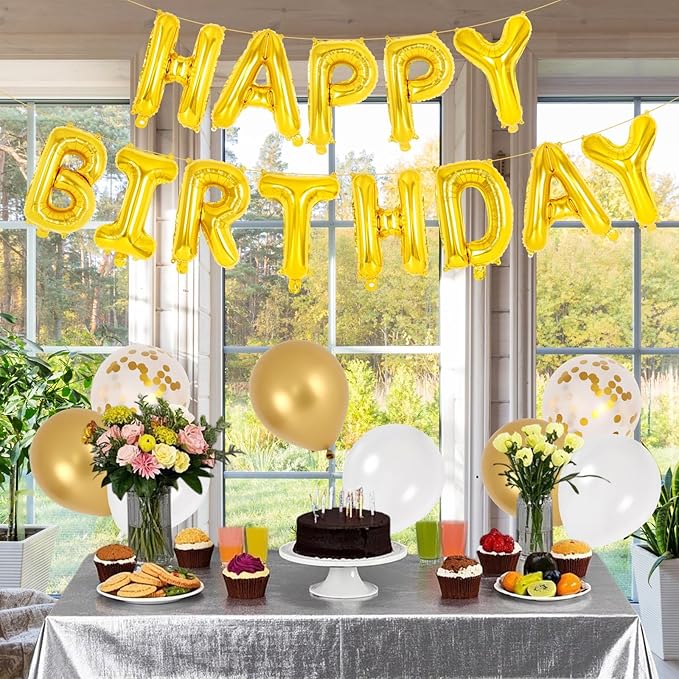 65 Pcs Gold Happy Birthday Balloons and 2 Sets A-Z Letters Foil Balloons, 16 Inch Personalized Name Happy Birthday Banners for Wedding Baby Shower Anniversary Party Decorations (Gold)