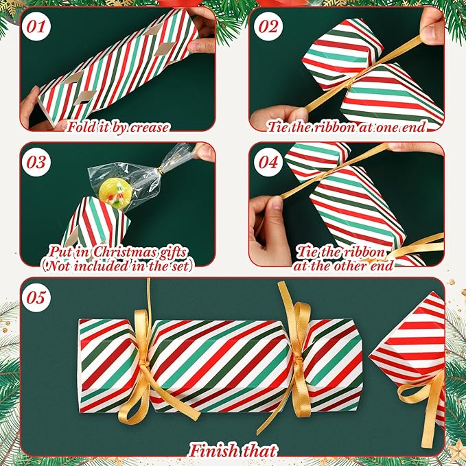 Xinnun 50 Packs Christmas Cracker Kit No Snap Xmas Party Table Favors Snowflake Reindeer DIY Christmas Party Cracker Candy Boxes for Holiday Dinner Decoration Gift (Stripe Style)