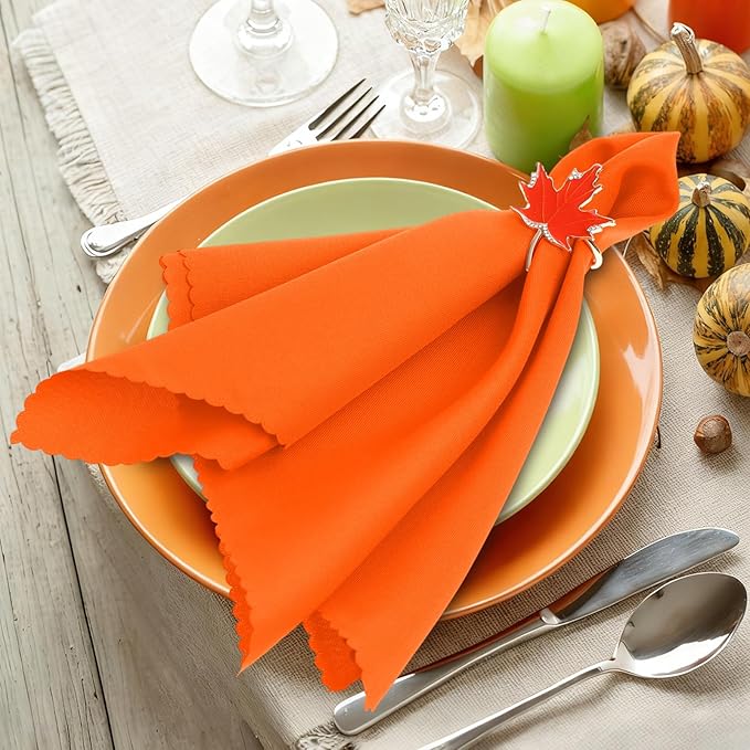 12 Pcs Fall Thanksgiving Cloth Napkin and Maple Leaves Napkin Ring Holder Buckles with Rhinestones Set for Harvest Season Thanksgiving Autumn Party Table Decorations (6 Colors)