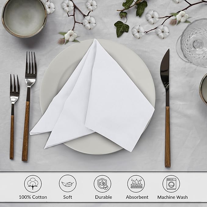 Ruvanti Cloth Napkins Set of 6, 18x18 Inches, 100% Cotton, Washable, Soft & Absorbent, Perfect for Wedding, Christmas, ‎Thanksgiving Dinners - White