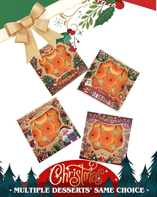 qiqee Christmas Kraft Cookie Boxes with Window 30packs 8x8x2.5 Inch Bakery Box Pastry Box for Christmas