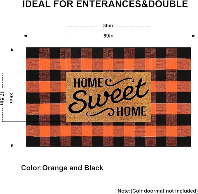 KIMODE Fall Outdoor Rug Buffalo Plaid Orange and Black 3'x5',Washable Cotton Halloween Door Mat,Reversible Fall Front Porch Rug Decor,Checkered Layering Rugs for Entryway,Front Door