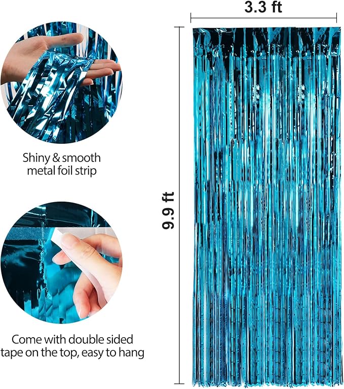 Crosize 3 Pack 3.3 x 9.9 ft Blue Foil Fringe Backdrop Curtain, Streamer Backdrop Curtains, Streamers Birthday Party Decorations, Tinsel Curtain for Parties, Galentines Decor, Preppy, Photo Booth