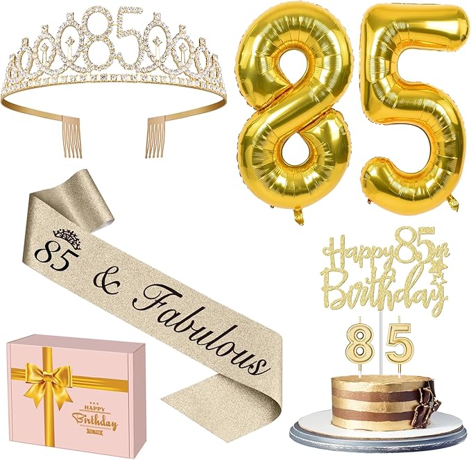 85th Birthday Decorations for Women Gold with 85th Birthday Sash and Tiara, Cake Topper and Candles, Number Balloons, 85 Year Old Gifts for Women