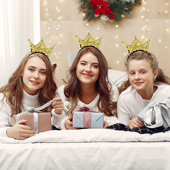 4 Pcs Sequins Crown Headband, Christmas Glitter Princess Crowns, Cute Shiny Gold Hair Band, Elastic Headwear Costume Decoration for Women Birthday Party Favors Tiaras Supplies