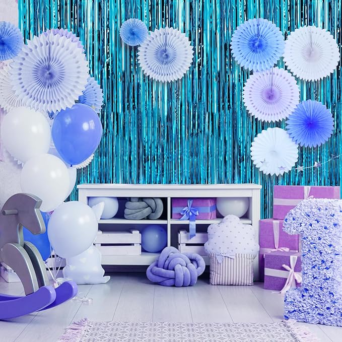 Crosize 3 Pack 3.3 x 9.9 ft Blue Foil Fringe Backdrop Curtain, Streamer Backdrop Curtains, Streamers Birthday Party Decorations, Tinsel Curtain for Parties, Galentines Decor, Preppy, Photo Booth