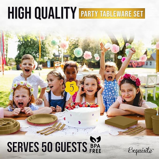 Party Solids 350 Pieces Gold Plastic Plates For Party, Gold Disposable Plates Set, 50 Of Each 9" Dinner Plate Set, 7" Dessert Plate, Cups, Napkins & Cutlery Plastic Dinnerware