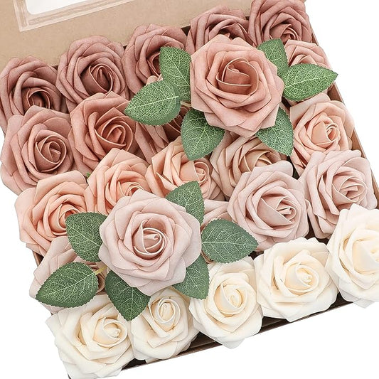 Floroom Artificial Flowers 25pcs Real Looking Morandi Peach Ombre Colors Foam Fake Roses with Stems for DIY Wedding Bouquets Bridal Shower Floral Centerpieces Party Tables Home Decorations