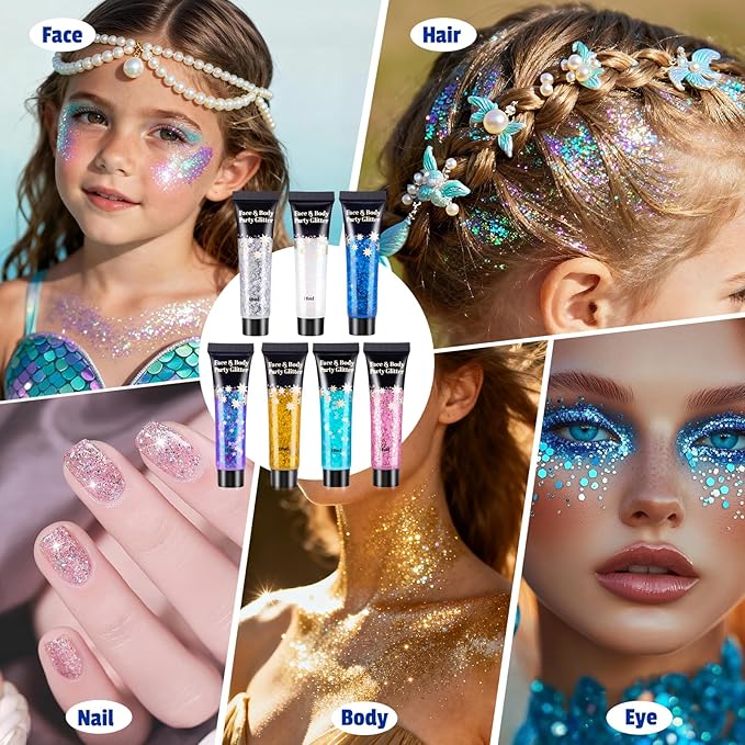 AROIC 14 Pcs Body Glitter - 7 Colors Mermaid Fairy Sparkle Makeup, Face & Hair Glitter Gel for Women Match with Mermaid Costume, Concerts Rave Accessories, Face Paint, Cosplay, Festival Birthday Party