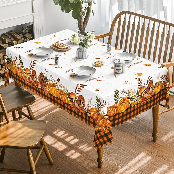 Horaldaily Fall Tablecloth 60x84 Inch Rectangular, Thanksgiving Autumn Harvest Pumpkin Mushroom Orange Buffalo Plaid Table Cover for Party Picnic Dinner Decor