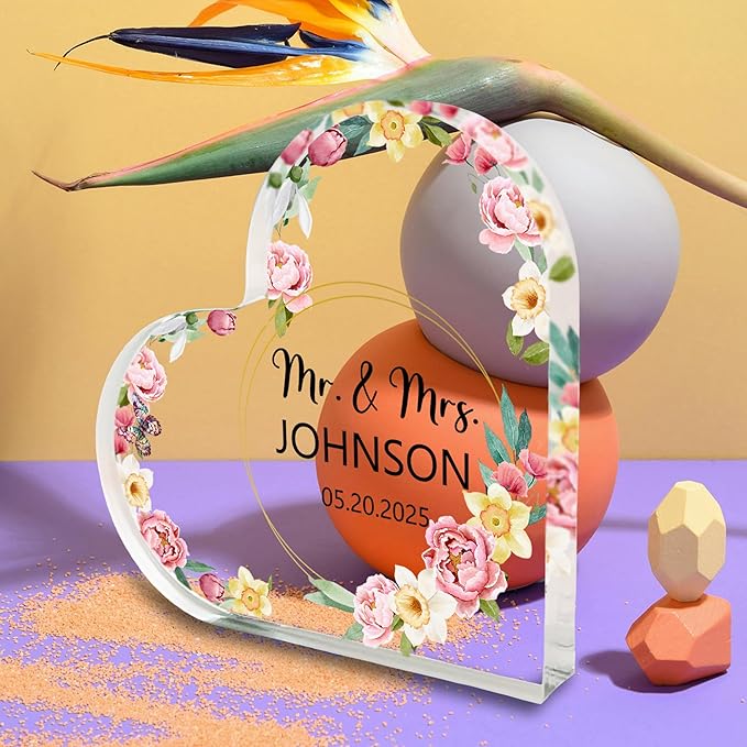 Custom Wedding Heart Acrylic Plaque,Mr & Mrs Cake Topper,Personalized Wedding Keepsake/Gift/Sign (Style 20)
