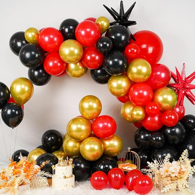 Red Black Balloon Arch Kit,Balloon Garland with Black Red Star Foil Balloons Metallic Gold Balloons for Birthday Baby Shower Wedding Engagement Anniversary Party Decorations