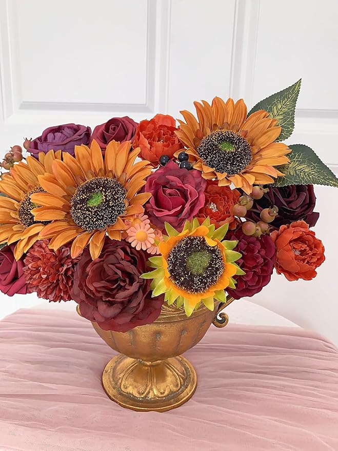 Sunflower Artificial Flowers Burgundy Fake Flower Bulk for DIY Wedding Bouquet Bridal Shower Decorations Party Table Centerpieces Cake Decorating Silk Floral Arrangement for Home Decor Indoor