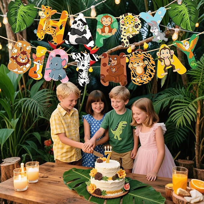 Safari Animal Birthday Banner, Jungle Theme Party Decorations, Zoo Party Supplies for Kids
