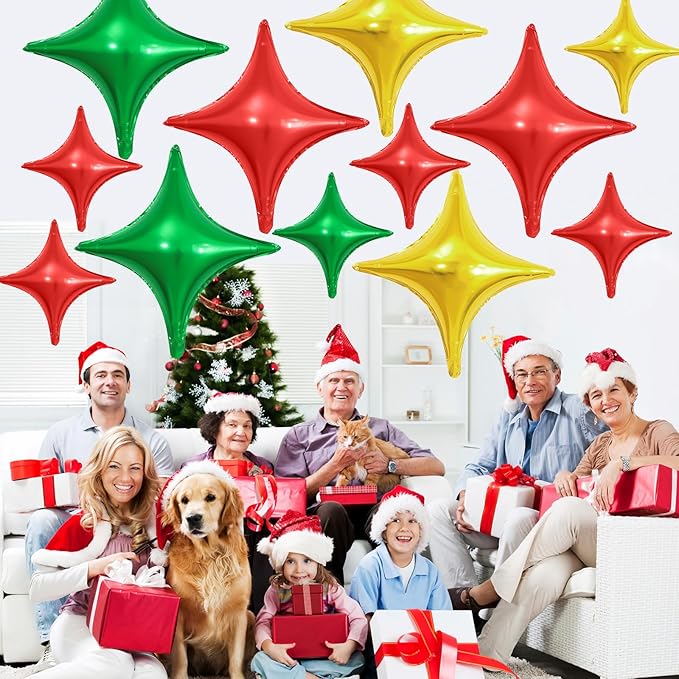 Red Green Gold Christmas Balloons,12Pcs Four Angle Star Foil Balloons,26Inch and 10Inch Red Green Gold Quadrangle Helium Polyester Balloon for Christmas Xmas New Year Birthday Party Decorations