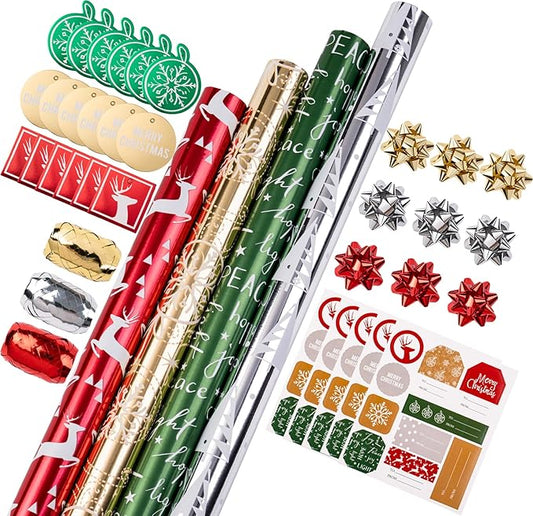 WRAPAHOLIC Christmas Wrapping Paper Set - Red Green Gold and Silver Snowflakes Trees with Metallic Foil Shine Wrapping Paper Bundle with Gift Bow & Ribbon & Tag & Sticker