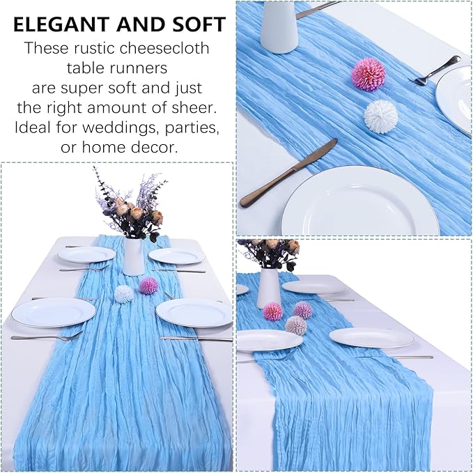 12 Pack Baby Blue Cheesecloth Table Runner 10FT Boho Gauze Fabric Table Runner 35 x 120 Inch Rustic Sheer Runner for Centerpiece Wedding Decor Party Boho Table Decoration（Baby Blue）