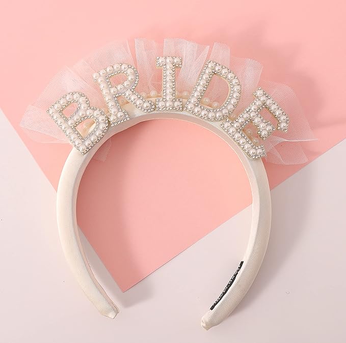 Pearl Veil Bride Headband, White Satin Hairband with 'BRIDE' Decorated by Pearl and Rhinestone, Bridal Hairband for Bachelorette Party Decorations, Women's Hair Accessory