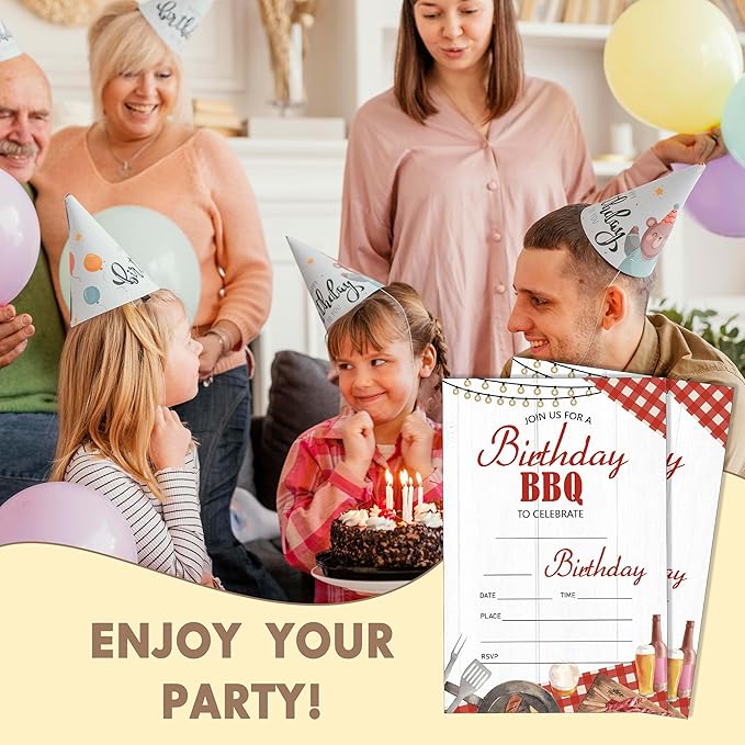 Eronm BBQ Birthday Party Invitation- 20 Pack Girls Birthday Invite with Envelopes- Summer Barbecue Theme Party Invitation Card for Girl- Double Sides Design- Party Decorations Supplies (4''x6'')-B14