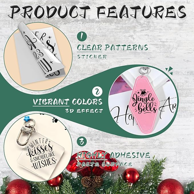 UV DTF Keychain Sticker,48 Sheets Christmas Quotes Waterproof Graphic Transfer Stickers, Perfect for Decorating Motel and Hotel Keychains