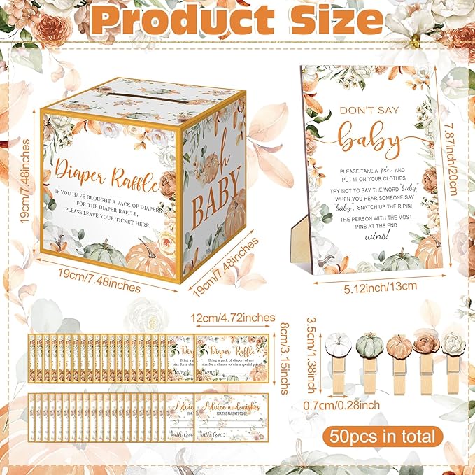 102 Pcs Baby Shower Game Supplies Diaper Raffle Tickets with Diaper Raffle Card Box Don't Say Baby Sign Mini Clothespin Shower Game Decor for Gender Reveal(Little Pumpkin)
