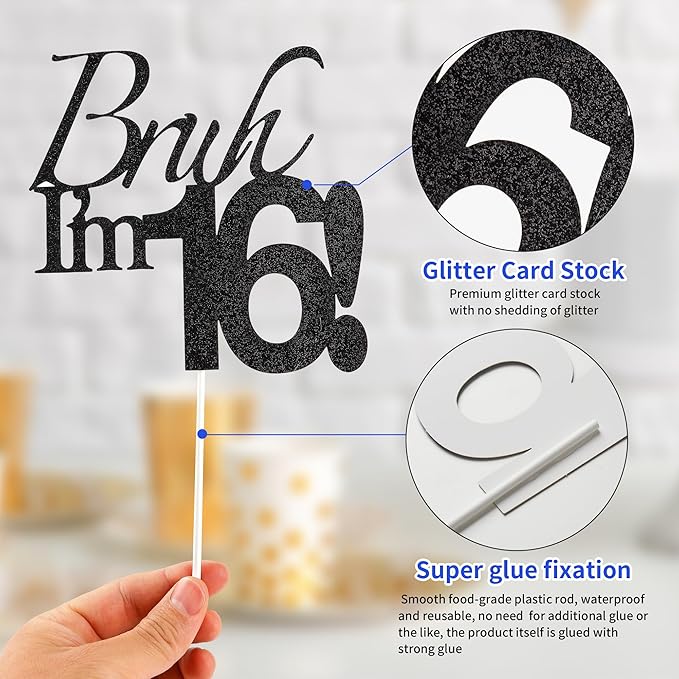 Bruh I'm 16 Cake Topper - Black Glitter Happy 16th Birthday Decorations for Boys Teens, Funny 16 Year Old Party Supplies, Bro I'm 16 Cake Decor (Bruh I'm 16！, 16th)