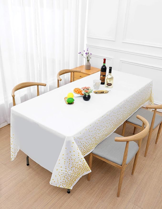 White and Gold Tablecloths for Party 4 Packs, 54X108 inch Gold Dot Confetti Disposable Rectangular Plastic Table Cover for Bridal Shower Engagement Wedding Birthday BBQ Party New Year Eve 2025