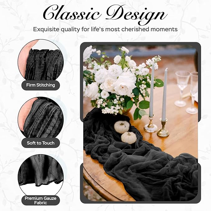 Cheesecloth Table Runner 3 Pack – 35x120 Inch (10ft) Boho Rustic Gauze Cloth Runners – Crinkle Polyester Table Decor for Wedding, Baby Shower, Bridal Shower, Birthday Party and More (Black)