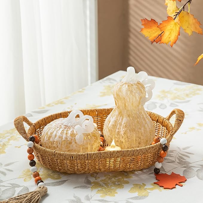 Glitzhome Hand Blown Glass Pumpkin Decor 8.5" Amber - Artisan Fall Harvest Thanksgiving Table Centerpiece Halloween Home Decor