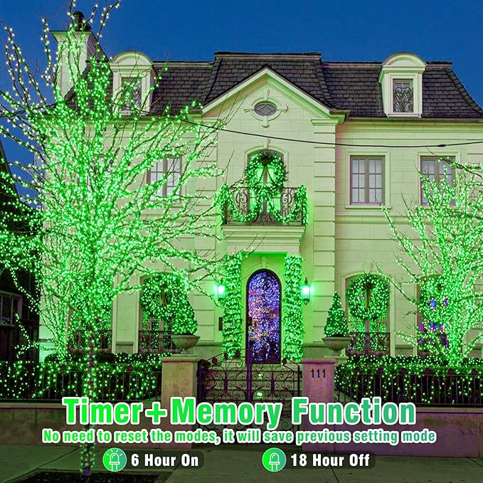 Vivideal 300 LED Green Lights Outdoor, 99ft Green String Lights for Bedroom Clear Wire 8 Modes, Waterproof Plug in Christmas Light with Timer Memory for Room Tree Party Decorations