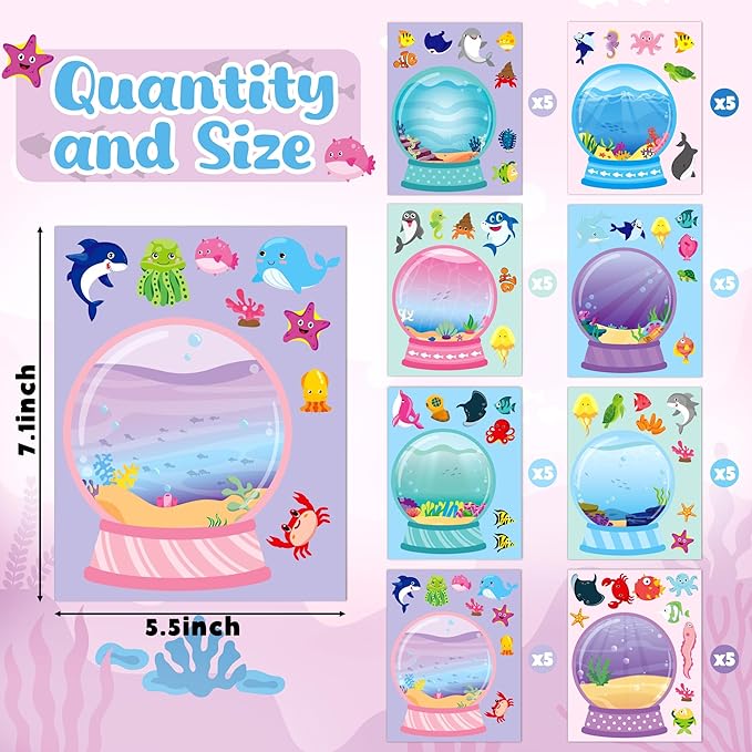 CY2SIDE Ocean Animal Crystal Ball Stickers - 40PCS Crystal Summer Sea Animals Make a Face Sticker Sheet for Kids Make Your Own Under The Sea Fish Tank Scene Craft Games for Kids Classroom Activities