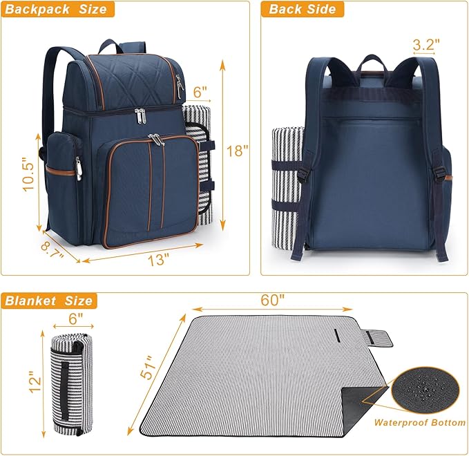 Picnic Backpack for 4,Picnic Basket Set,Leakproof Picnic Bag,Beach Cooler Backpack with Insulated Cooler Wine Pouch,Picnic Blanket, Double Deck Picnic Backpack for Beach,Camping,Park(Navy Blue)