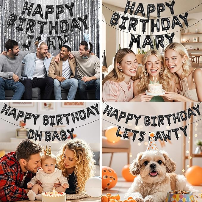 65 Pcs Black Happy Birthday Balloons and 2 Sets A-Z Letters Foil Balloons, 16 Inch Personalized Name Happy Birthday Banners for Wedding Baby Shower Anniversary Party Decorations (Black)