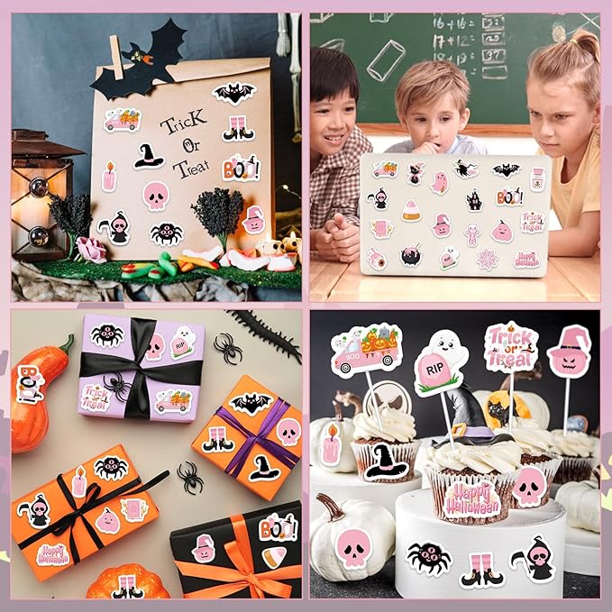 300Pcs Halloween Foam Stickers, Self-Adhesive Pink Ghost Witch Pumpkin Stickers Halloween Decals Sticker Decorations for Home Office School Classroom DIY Art Craft Party Supplies