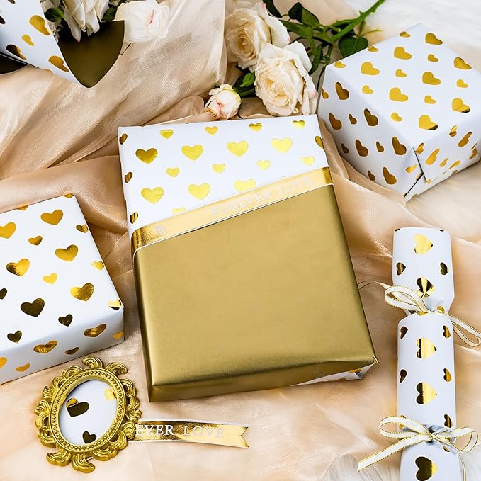 Yarcony Wedding Wrapping Paper Roll, Heart Gift Wrapping Paper, Elegant Golden Heart Design Bridal Shower Gift Wrap for Birthday, Anniversary, Engagement, Valentine's Day (17 Inch X 33 Feet)