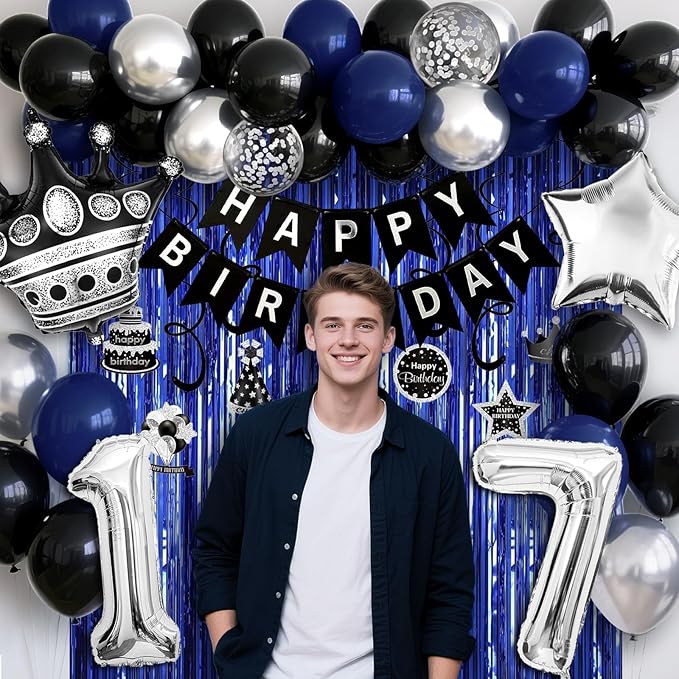 17th Birthday Decorations for Boys and Girls, Black Blue Silver Happy Birthday Number 17 Balloons, Banner, Fringe Curtains Garland Kit - 17 Year Old Party Supplies