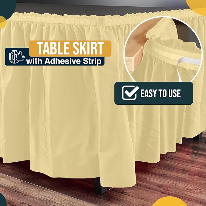 Exquisite Ruffle Table Skirt Light Yellow 48 Pack 14 Ft Long Table Skirts for Rectangle Tables 6ft Plus or Round Tables Skirts with Adhesive Strip for Gender Reveal Decor & Happy Birthday Parties