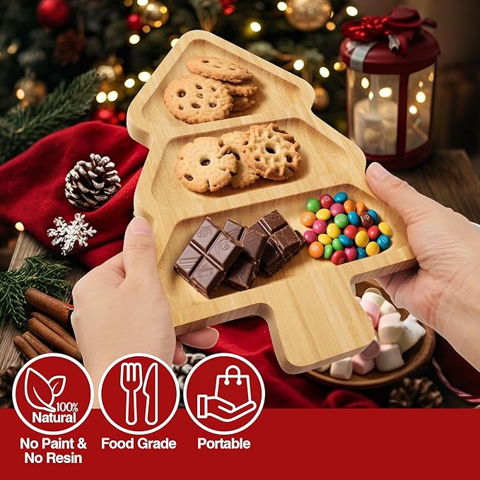 Christmas Serving Tray, Christmas Tree Charcuterie Board, Bamboo Divided Serving Platter Dish for Holiday Party Food Tray for Cheese Snack Fruit 12 x 8.7 x 0.6 Inches