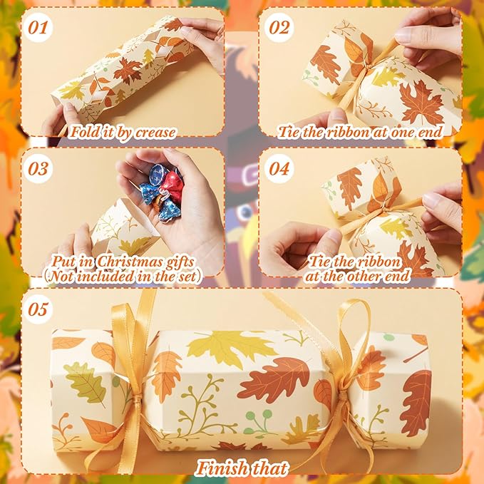 Xinnun 50 Packs Thanksgiving Cracker Kit No Snap Party Table Favors Pumpkin Maple Leaf DIY Thanksgiving Party Cracker Candy Boxes for Holiday Dinner Decoration Gift (Pumpkin Maple Leaf)