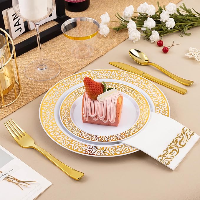 175PCS Gold Plastic Dinnerware Set for 25 Guests, Disposable Plates for Party, Wedding and Dinner, Include 25 Dinner Plates, 25 Dessert Plates, 25 Set Silverware, 25 Cups, 25 Napkins