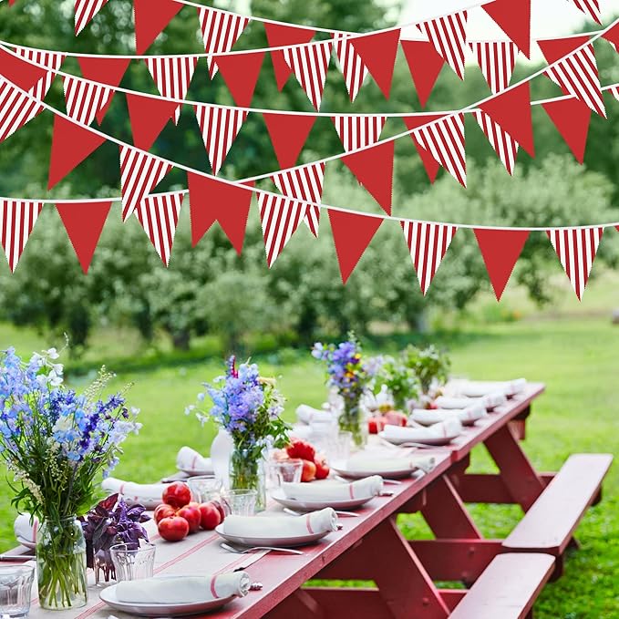 32Ft Red and White Striped Pennant Banner Fabric Triangle Flag Bunting Garland Streamer for Carnival Circus Kids Birthday Wedding Christmas New Years Party Outdoor Garden Hanging Festivals Decoration